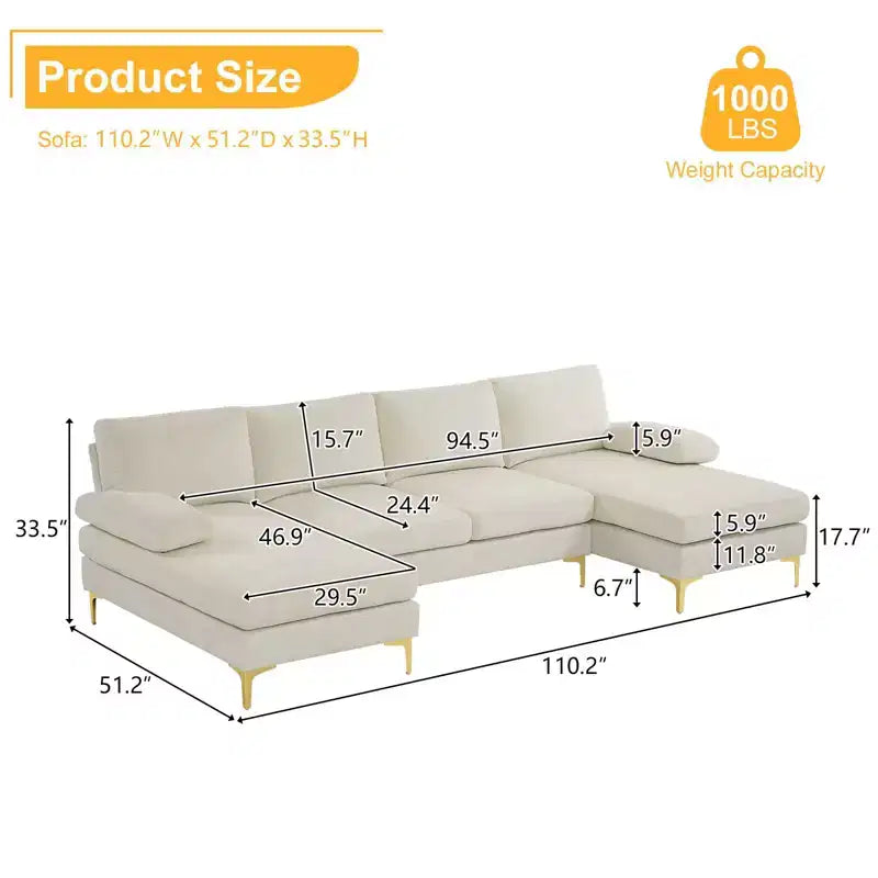 Karl Home |110 in. W Pillow Top Arm 3-Piece U-shaped Chenille Sectionals in Beige