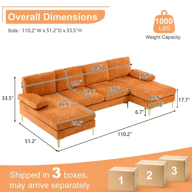 Karl Home |110 in. W Pillow Top Arm 3-Piece U-shaped Chenille Sectionals in Beige
