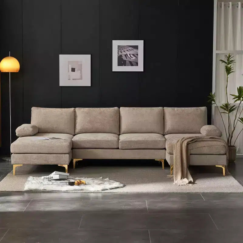 Karl Home |110 in. W Pillow Top Arm 3-Piece U-shaped Chenille Sectionals in Beige