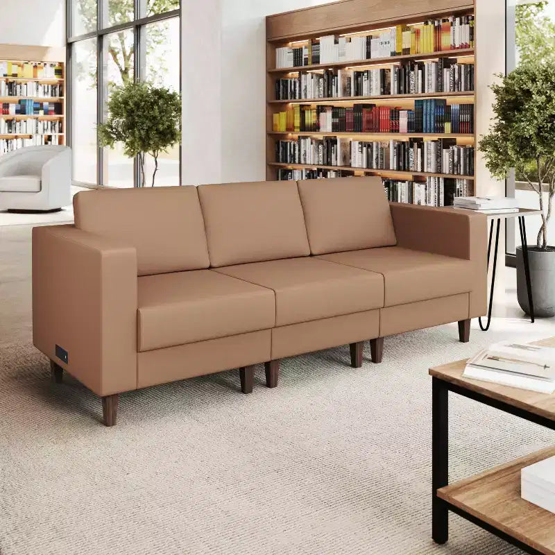 Flash Furniture HERCULES Artemis Upholstered Reception Sofa with 4 AC Outlets/2 USB/2 USB-C Ports and Wood Walnut Legs with Adjustable Floor Glides