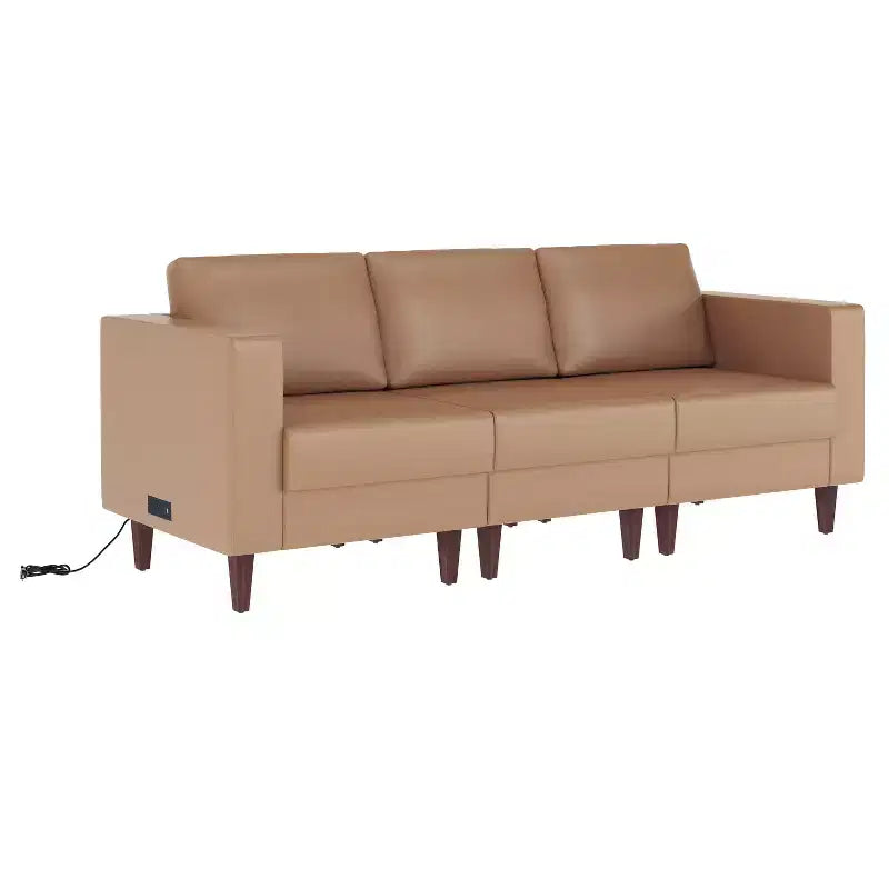 Flash Furniture HERCULES Artemis Upholstered Reception Sofa with 4 AC Outlets/2 USB/2 USB-C Ports and Wood Walnut Legs with Adjustable Floor Glides