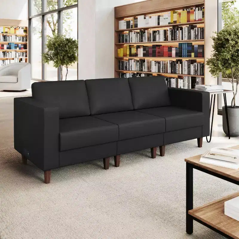 Flash Furniture HERCULES Artemis Upholstered Reception Sofa with 4 AC Outlets/2 USB/2 USB-C Ports and Wood Walnut Legs with Adjustable Floor Glides