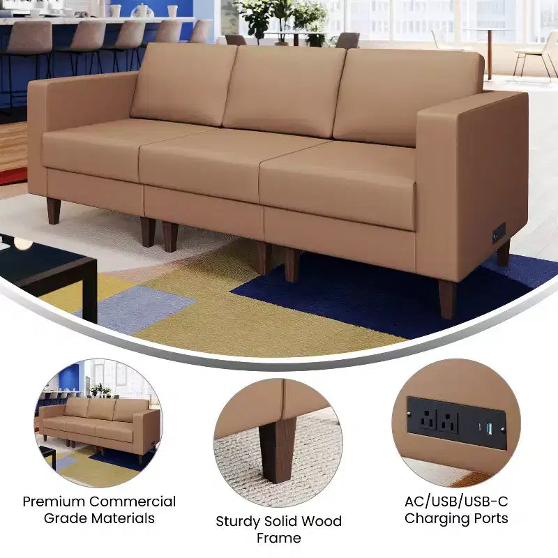 Flash Furniture HERCULES Artemis Upholstered Reception Sofa with 4 AC Outlets/2 USB/2 USB-C Ports and Wood Walnut Legs with Adjustable Floor Glides