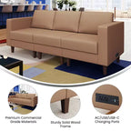 Flash Furniture HERCULES Artemis Upholstered Reception Sofa with 4 AC Outlets/2 USB/2 USB-C Ports and Wood Walnut Legs with Adjustable Floor Glides