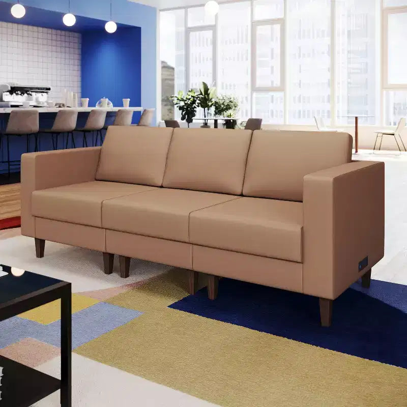 Flash Furniture HERCULES Artemis Upholstered Reception Sofa with 4 AC Outlets/2 USB/2 USB-C Ports and Wood Walnut Legs with Adjustable Floor Glides