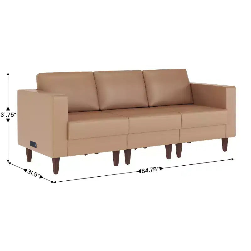 Flash Furniture HERCULES Artemis Upholstered Reception Sofa with 4 AC Outlets/2 USB/2 USB-C Ports and Wood Walnut Legs with Adjustable Floor Glides