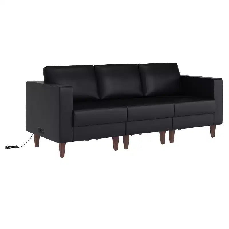 Flash Furniture HERCULES Artemis Upholstered Reception Sofa with 4 AC Outlets/2 USB/2 USB-C Ports and Wood Walnut Legs with Adjustable Floor Glides