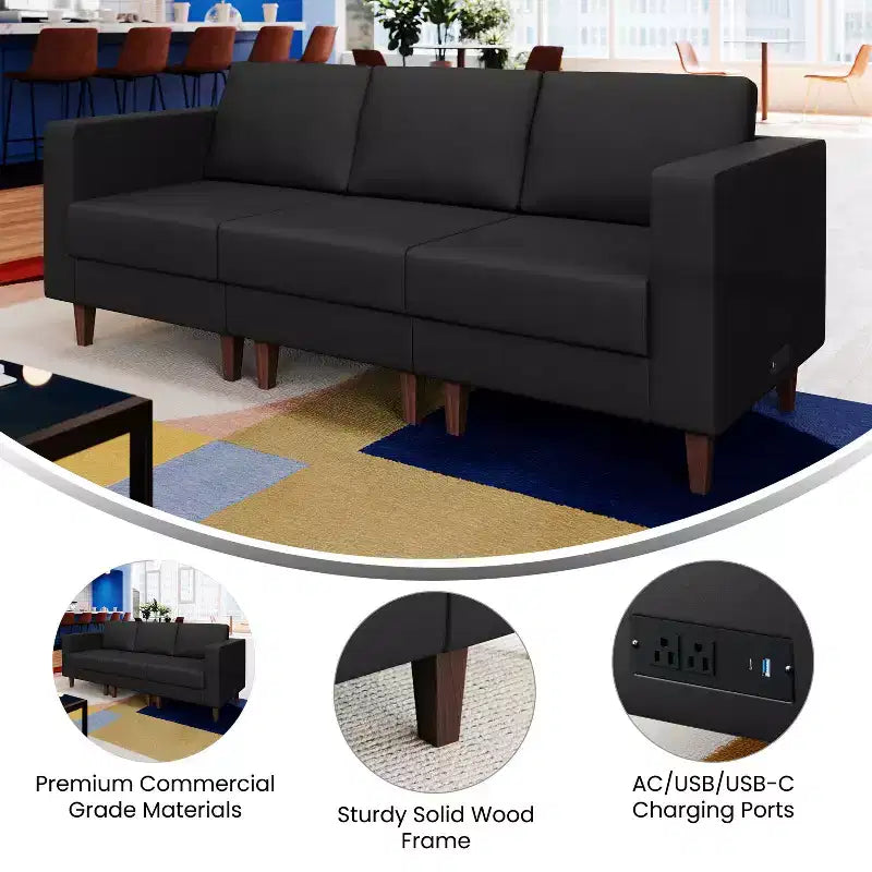 Flash Furniture HERCULES Artemis Upholstered Reception Sofa with 4 AC Outlets/2 USB/2 USB-C Ports and Wood Walnut Legs with Adjustable Floor Glides