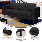 Flash Furniture HERCULES Artemis Upholstered Reception Sofa with 4 AC Outlets/2 USB/2 USB-C Ports and Wood Walnut Legs with Adjustable Floor Glides