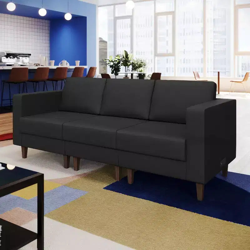 Flash Furniture HERCULES Artemis Upholstered Reception Sofa with 4 AC Outlets/2 USB/2 USB-C Ports and Wood Walnut Legs with Adjustable Floor Glides