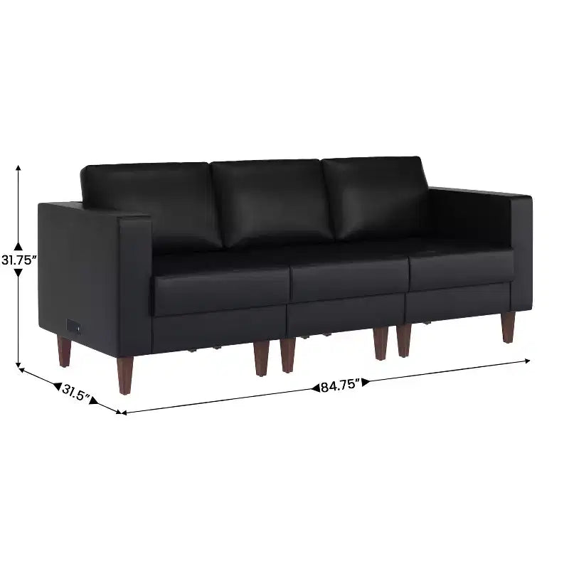 Flash Furniture HERCULES Artemis Upholstered Reception Sofa with 4 AC Outlets/2 USB/2 USB-C Ports and Wood Walnut Legs with Adjustable Floor Glides