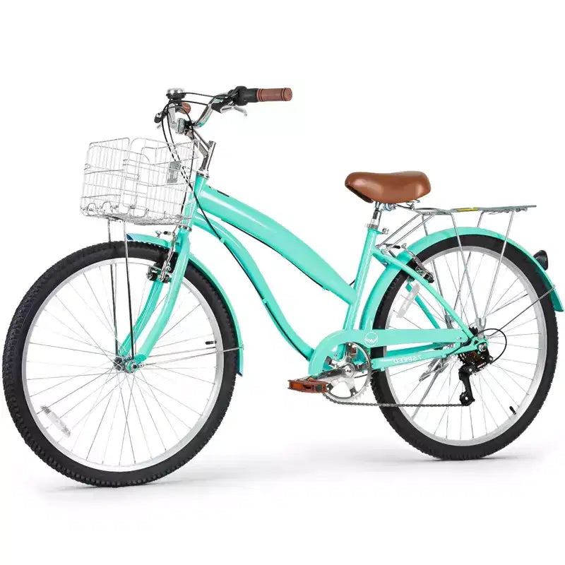 Hykolity 26 Inch Beach Cruiser Bike 7-Speed Commuter Bicycle Outdoor City Bike for Women with Rear Rack High-Carbon Steel Front Rear Fenders & Basket