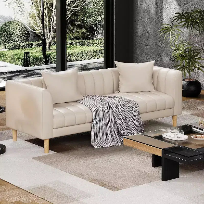 COZONY 78 Faux Leather Sofa Couch with Deep Seats, 3-Seater Modern Sofa with Pillows & Wood Legs for Living Room