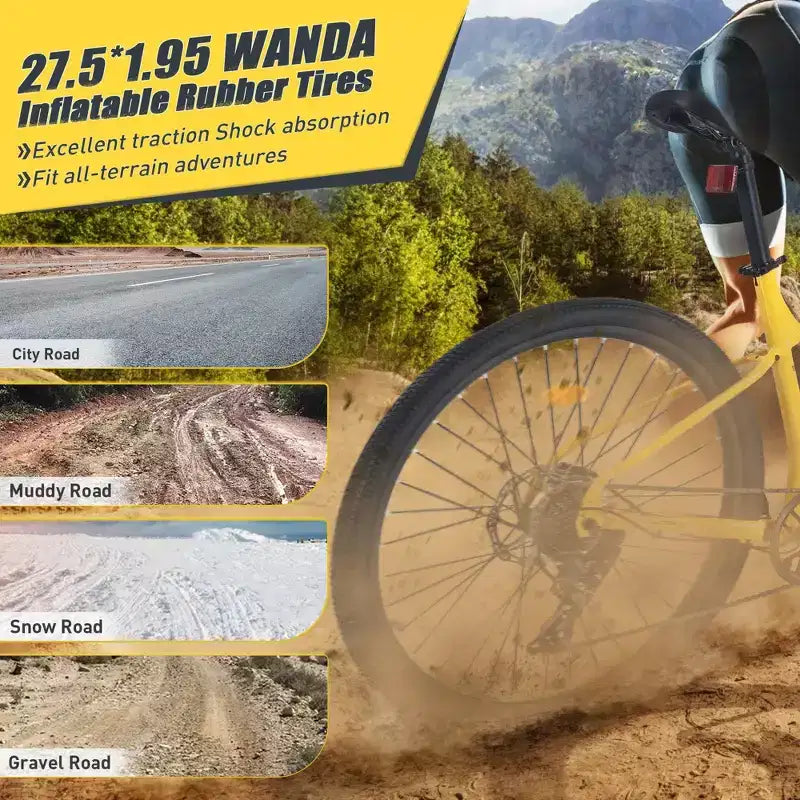 VTT NAYSAYE 27,5 pouces 8 vitesses avec suspension avant et cadre en acier pour aventures tout-terrain, jaune, 68.5*27.1*40.55