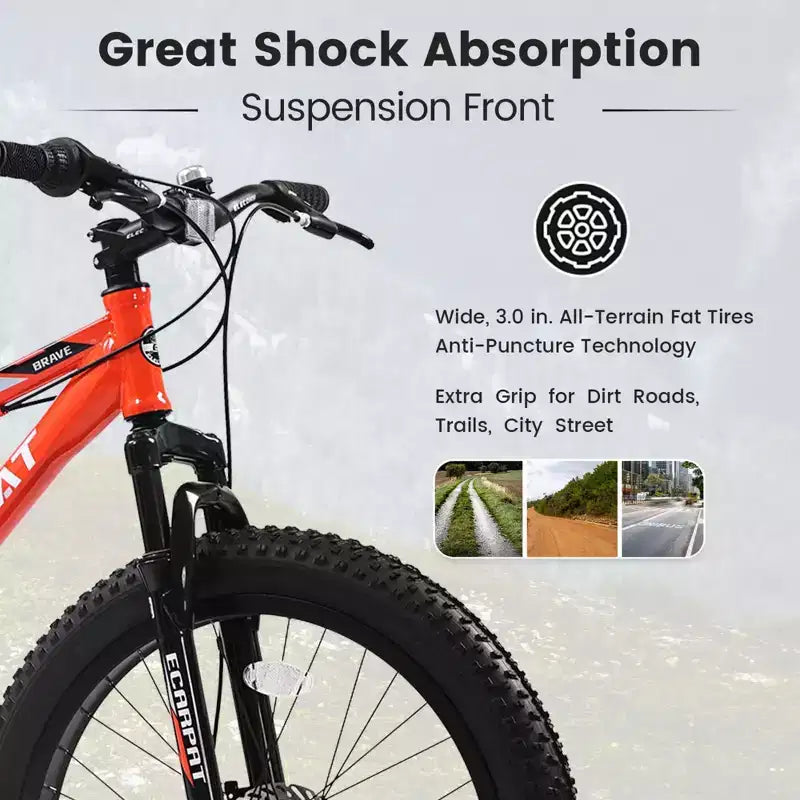 NAYSAYE 24 Inch Fat Tire Mountain Bike with 7 Speed Shifter Dual Disc Brake for Adults and Youth, Orange, 67*25*40