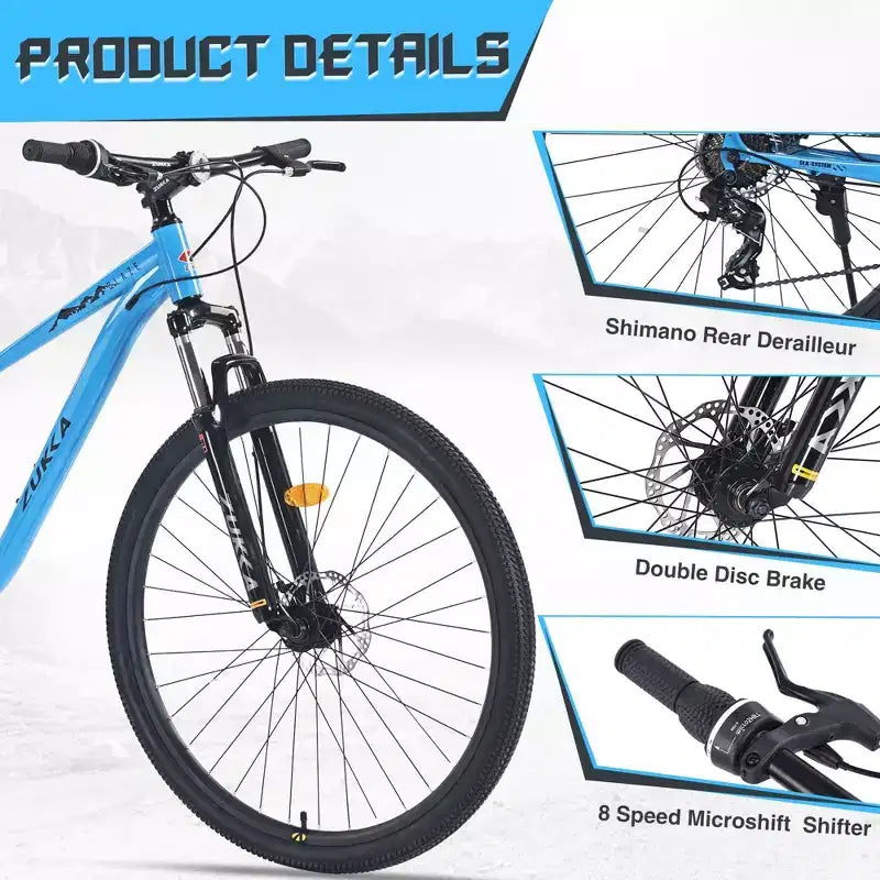 Vélo de Montagne NAYSAYE 29 Pouces, 8 Vitesses, Cadre en Acier avec Suspension Avant pour Adultes et Jeunes, Bleu, 70.8*27.1*41.7