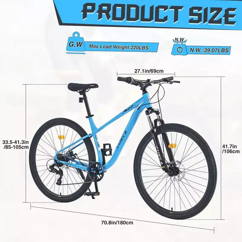 Vélo de Montagne NAYSAYE 29 Pouces, 8 Vitesses, Cadre en Acier avec Suspension Avant pour Adultes et Jeunes, Bleu, 70.8*27.1*41.7