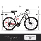 NAYSAYE Vélo VTT 27 pouces 21 vitesses avec fourche suspendue et freins à disque pour hommes et femmes, Gris, 70*27*39.5