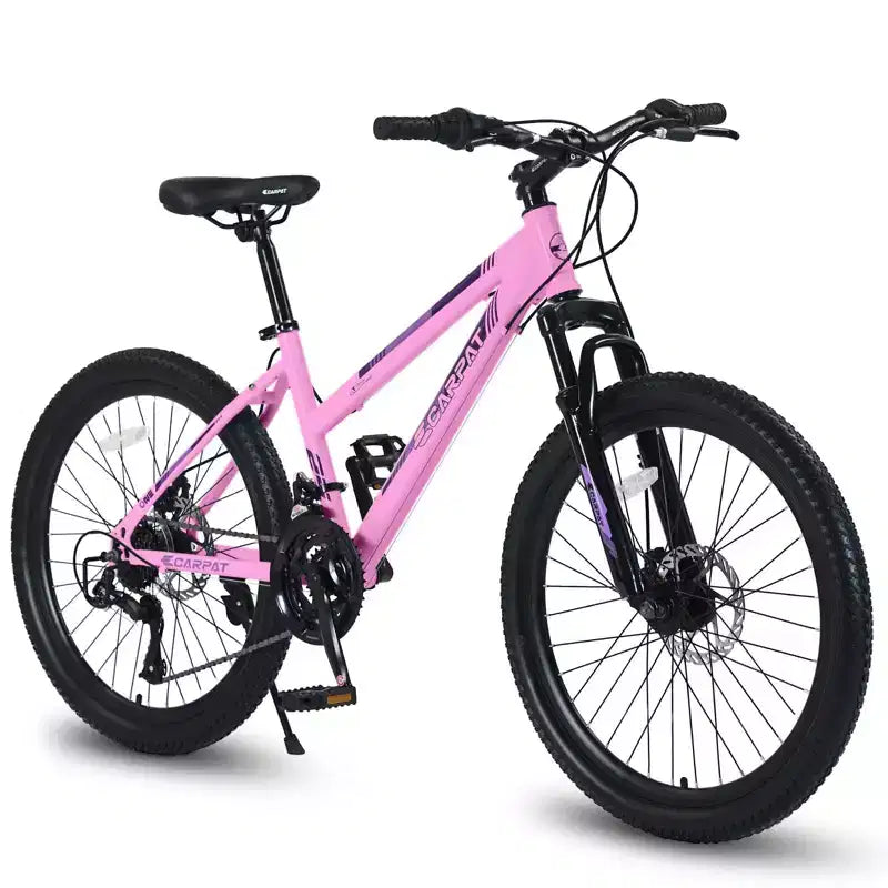 NAYSAYE Bicycle 24 Inch Mountain Bike with 21 Speed Shifter Dual Disc Brakes for Teenagers and Women, Pink, 66*24.8*35