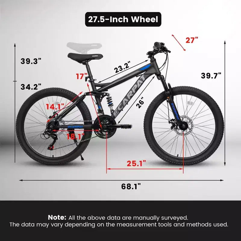 NAYSAYE Bicycle 27.5 Inch Full Suspension Mountain Bike 21 Speed with Dual Shock Absorbers for Men and Women, Black, 68.1*27*39.7