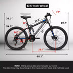 NAYSAYE Bicycle 27.5 Inch Full Suspension Mountain Bike 21 Speed with Dual Shock Absorbers for Men and Women, Black, 68.1*27*39.7