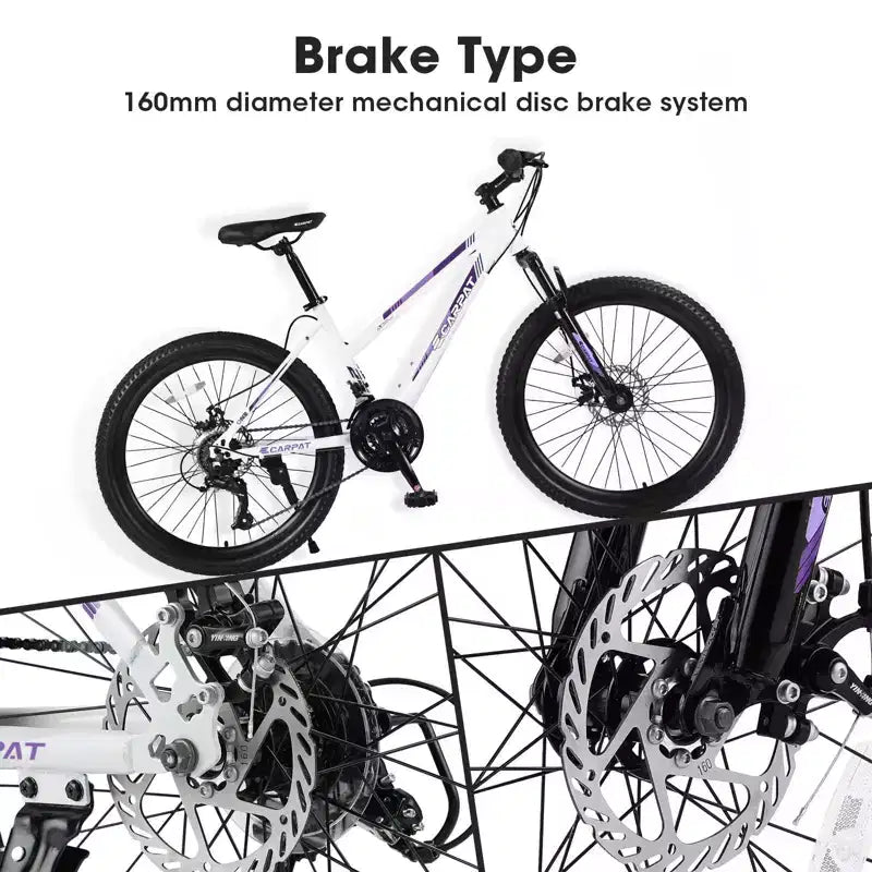 NAYSAYE Bicycle 24 Inch Mountain Bike with 21 Speed Shifter Dual Disc Brakes for Teenagers and Women, White, 66*24.8*35