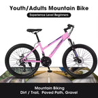 NAYSAYE Bicycle 26 Inch Mountain Bike with 21 Speed Shifter Dual Disc Brakes for Teenagers and Women, Pink, 65*24.8*37.4