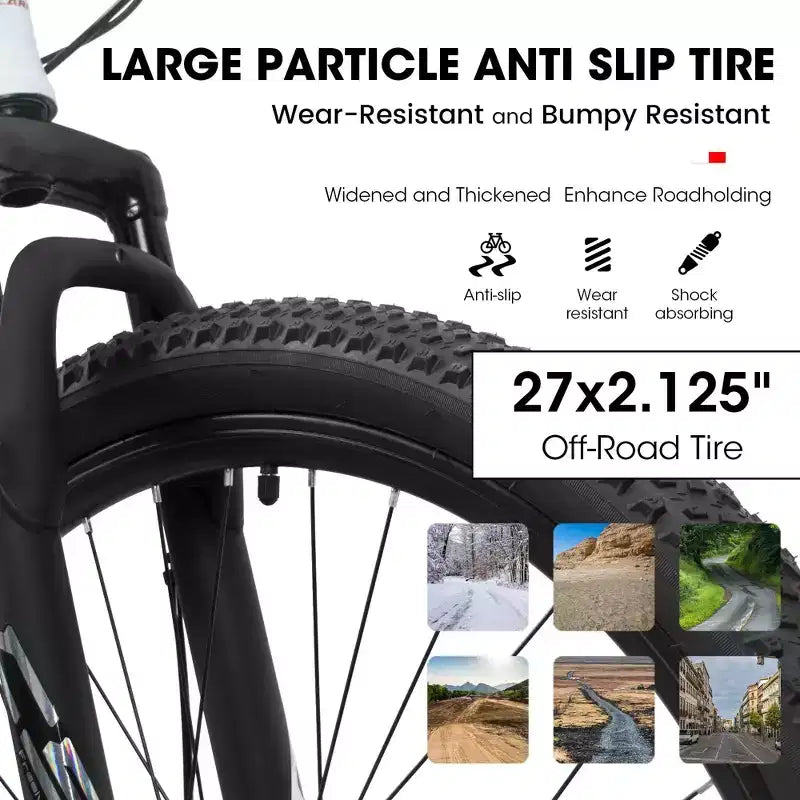 NAYSAYE Bicycle 27 Inch Mountain Bike with 21 Speed Shifter Suspension Fork and Disc Brakes for Men and Women, White, 53.54*7.68*28.35