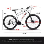 NAYSAYE Bicycle 27 Inch Mountain Bike with 21 Speed Shifter Suspension Fork and Disc Brakes for Men and Women, White, 53.54*7.68*28.35