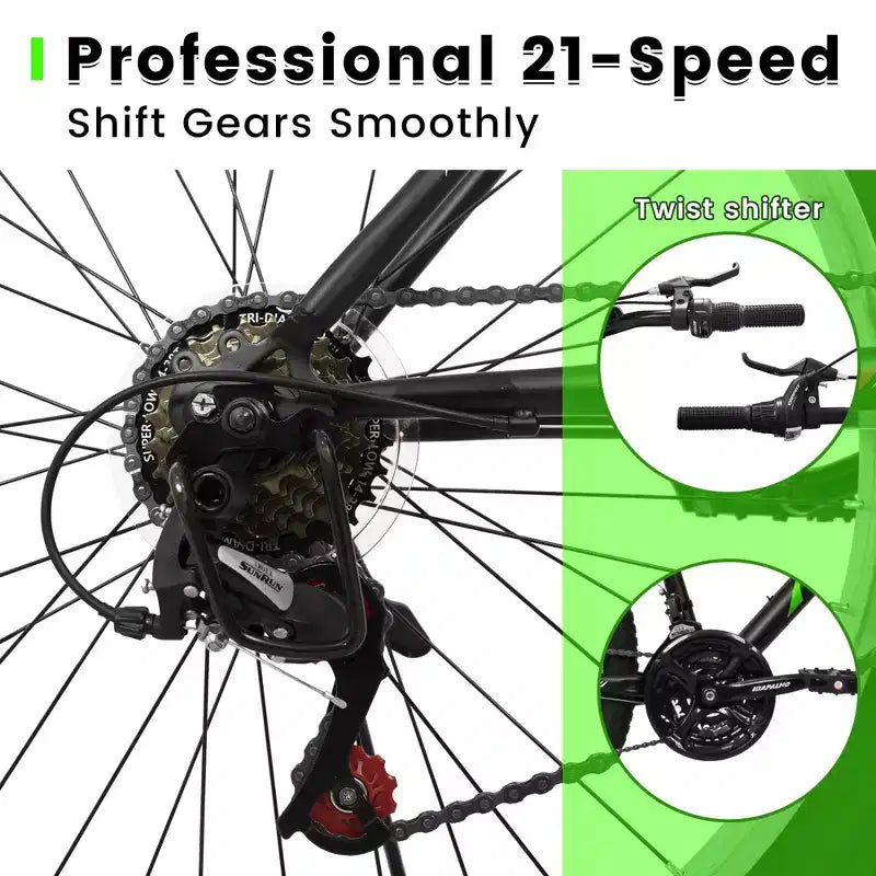 NAYSAYE 26 Inch Mountain Bike with Carbon Steel Frame 21 Speed Dual V Brakes for Adults and Teens for Trail Riding, Black and Green, 69.57*27*39