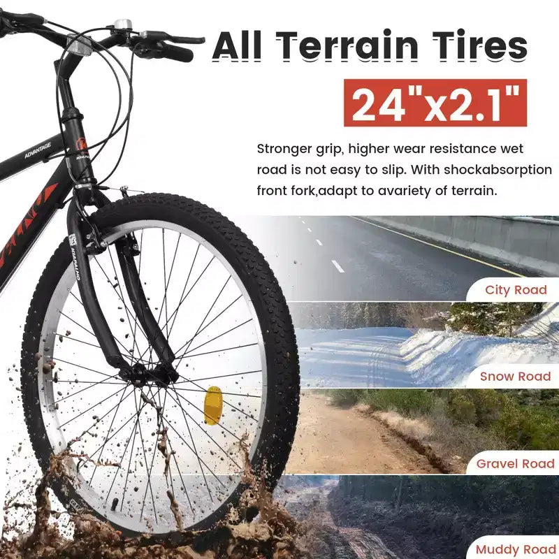 NAYSAYE Vélo VTT 24 pouces Cadre 21 vitesses Double freins en V pour adultes et adolescents pour la randonnée en montagne, Noir et Rouge, 64,57*24,8*34,65