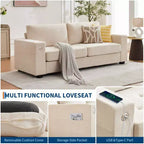 90 Compact Sofa, 2-Seater Gray Chenille Couch with USB/Type-C Ports & Side Pockets, Medium Firm Support