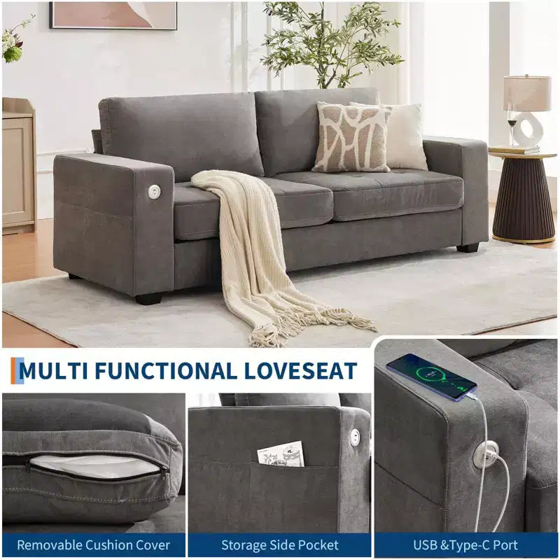 90 Compact Sofa, 2-Seater Gray Chenille Couch with USB/Type-C Ports & Side Pockets, Medium Firm Support