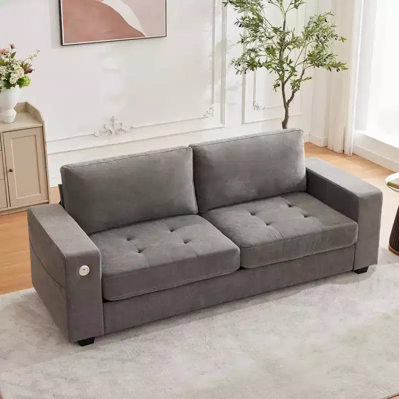 90 Compact Sofa, 2-Seater Gray Chenille Couch with USB/Type-C Ports & Side Pockets, Medium Firm Support