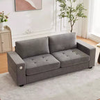 90 Compact Sofa, 2-Seater Gray Chenille Couch with USB/Type-C Ports & Side Pockets, Medium Firm Support