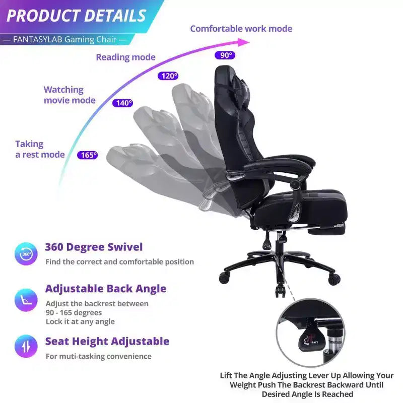 Chaise de jeu Okak à dossier haut, chaise de bureau ergonomique avec repose-pieds pliable, chaise confortable réglable en hauteur pour l'étude, la salle de jeu