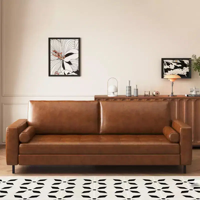 80.31 Canapé 3 places en similicuir style Mid-Century Modern, avec pieds métalliques robustes et cadre en bois massif, pour salon et appartement, marron Gaoyangjiaju