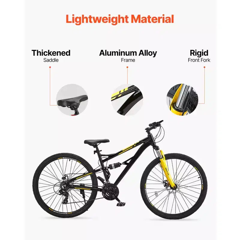 VEVOR Mountain Bike, 29 inch MTB Bicycle with Full Dual Suspension, 24 Speeds Twist Shifting, Dual Disc Brakes, Aluminum Alloy Frame,Black&Yellow