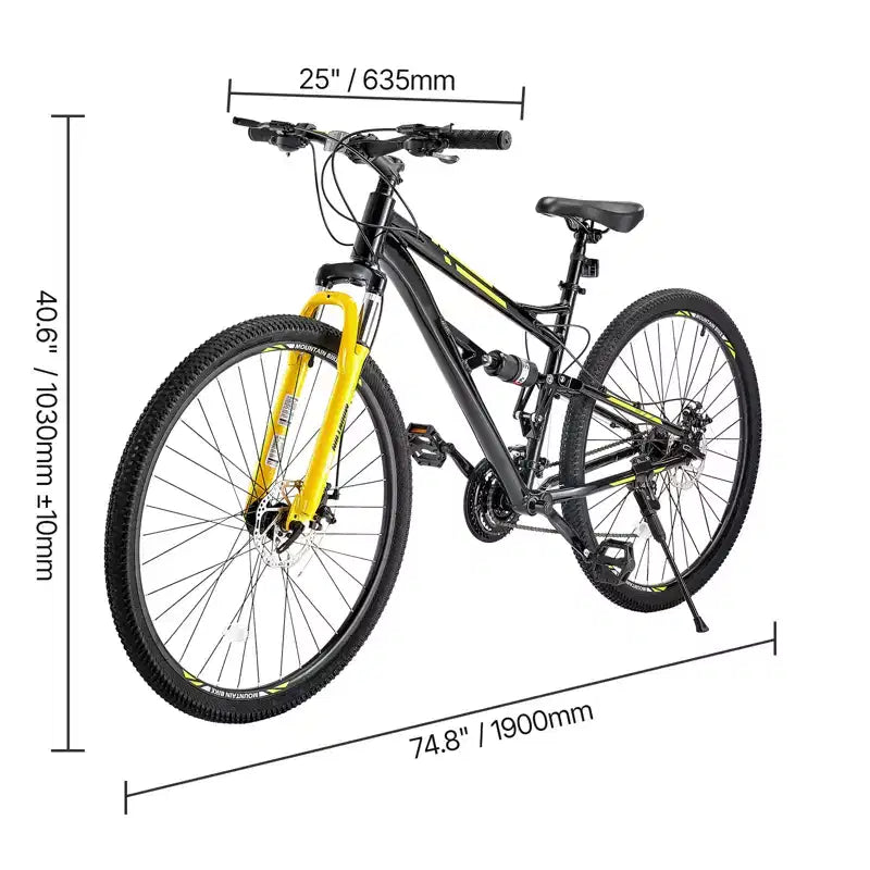 VEVOR Mountain Bike, 29 inch MTB Bicycle with Full Dual Suspension, 24 Speeds Twist Shifting, Dual Disc Brakes, Aluminum Alloy Frame,Black&Yellow