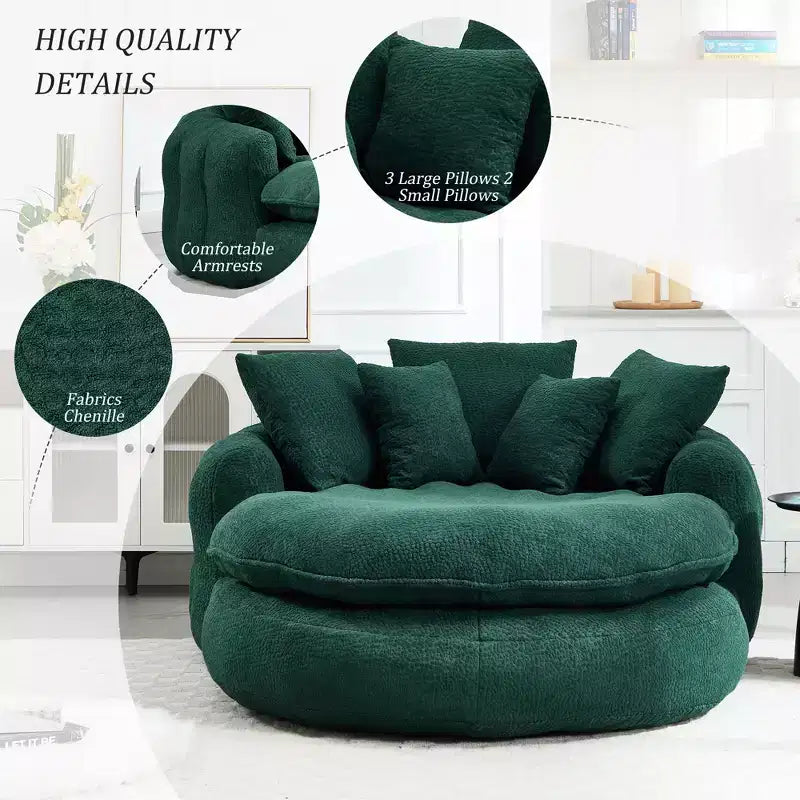 Oversized Oval Chenille Bean Bag Sofa with 3 Large and 2 Small Pillows and Wrap Around Backrest for Adults