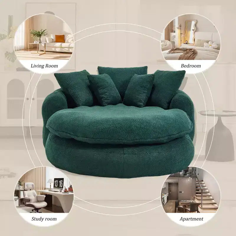 Oversized Oval Chenille Bean Bag Sofa with 3 Large and 2 Small Pillows and Wrap Around Backrest for Adults