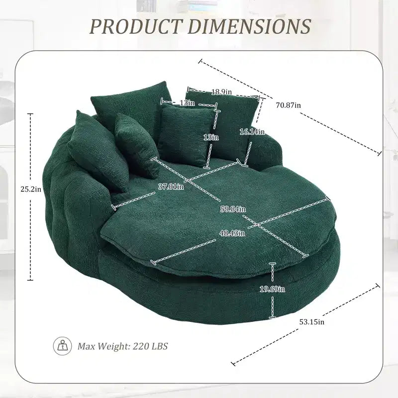 Oversized Oval Chenille Bean Bag Sofa with 3 Large and 2 Small Pillows and Wrap Around Backrest for Adults