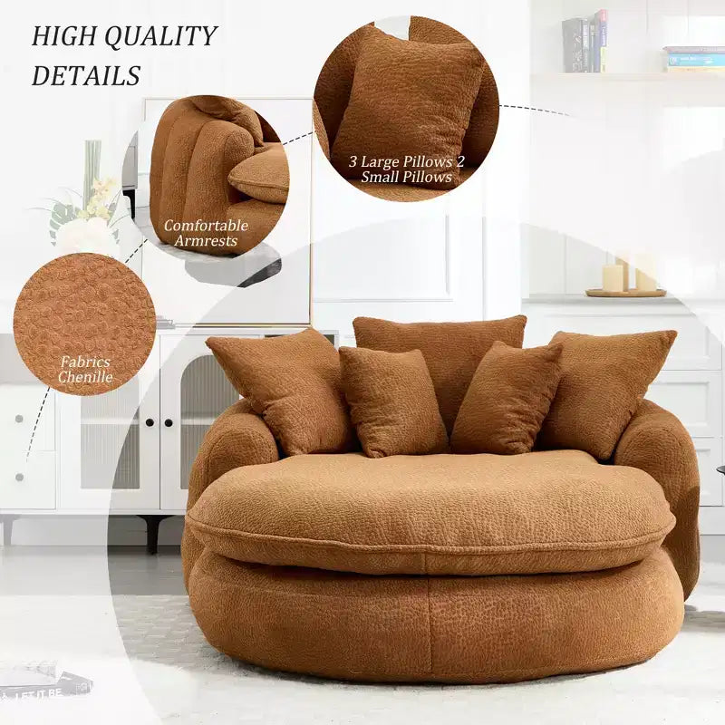 Oversized Oval Chenille Bean Bag Sofa with 3 Large and 2 Small Pillows and Wrap Around Backrest for Adults