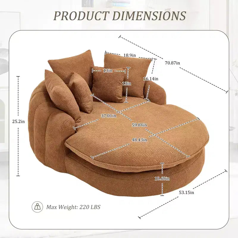 Oversized Oval Chenille Bean Bag Sofa with 3 Large and 2 Small Pillows and Wrap Around Backrest for Adults