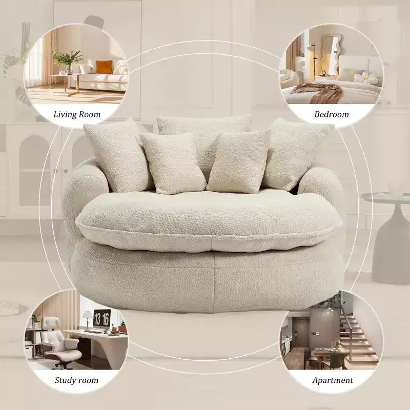 Oversized Oval Chenille Bean Bag Sofa with 3 Large and 2 Small Pillows and Wrap Around Backrest for Adults