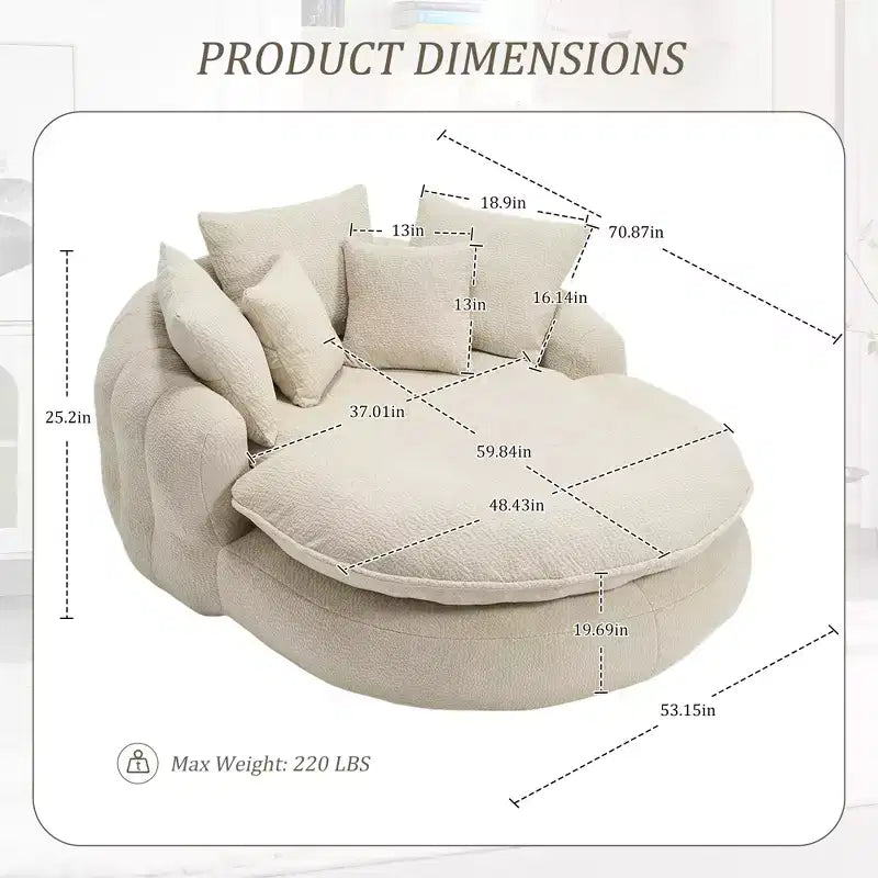 Oversized Oval Chenille Bean Bag Sofa with 3 Large and 2 Small Pillows and Wrap Around Backrest for Adults