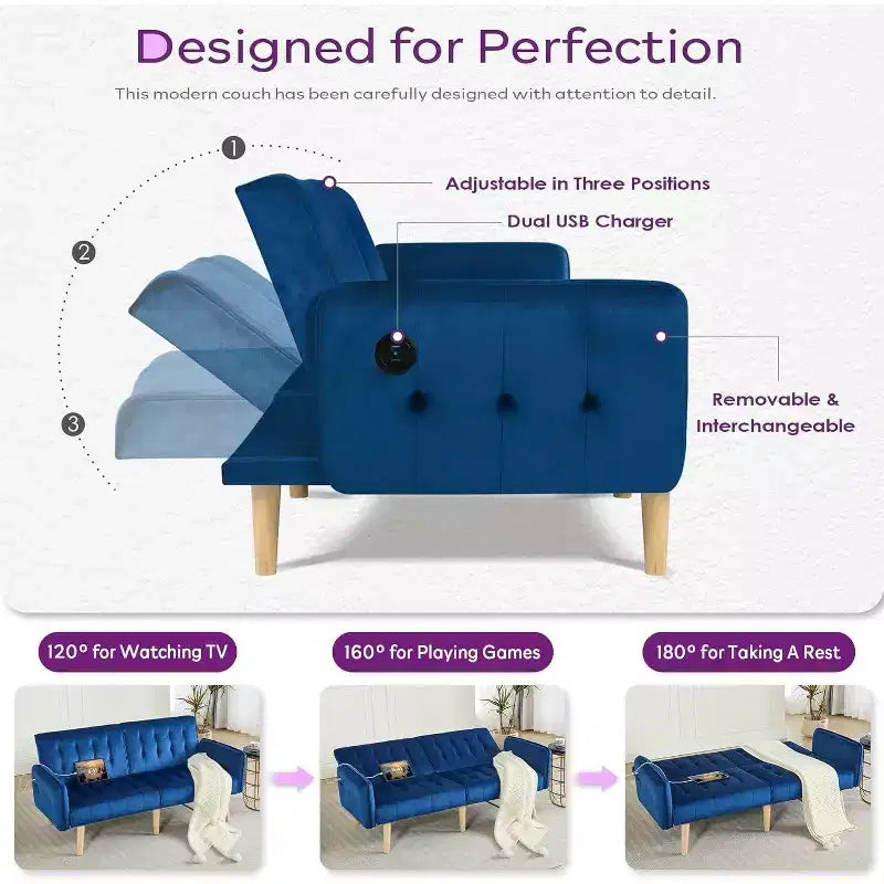 TYBOATLE 65 Convertible Loveseat Sofa Bed with USB Ports, 3-Position Adjustable Backrest, Modern Tufted Small Sofa