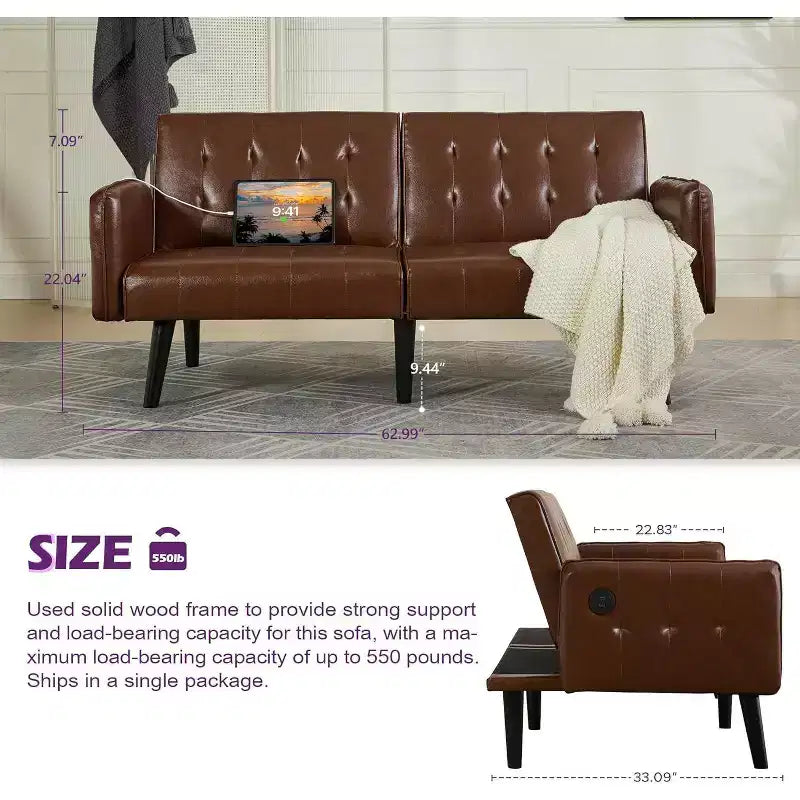 TYBOATLE 65 Convertible Loveseat Sofa Bed with USB Ports, 3-Position Adjustable Backrest, Modern Tufted Small Sofa