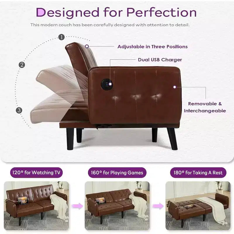 TYBOATLE 65 Convertible Loveseat Sofa Bed with USB Ports, 3-Position Adjustable Backrest, Modern Tufted Small Sofa