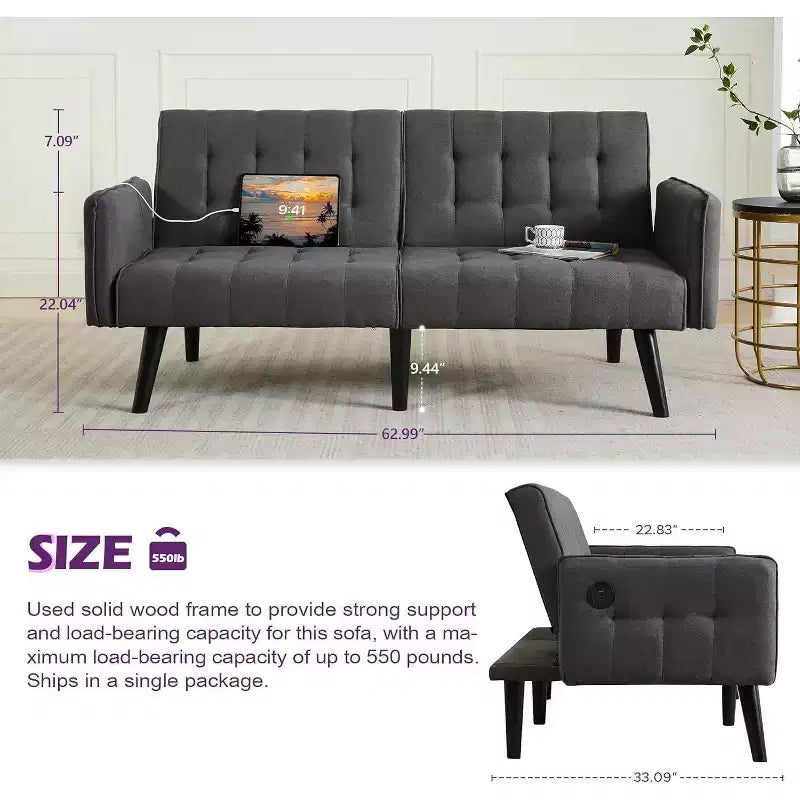 TYBOATLE 65 Convertible Loveseat Sofa Bed with USB Ports, 3-Position Adjustable Backrest, Modern Tufted Small Sofa